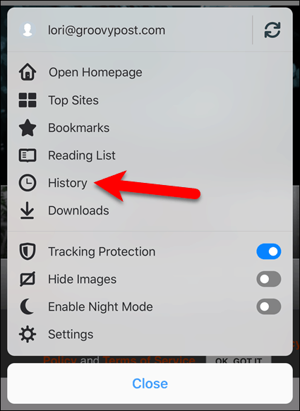 Klepněte na Historie v prohlížeči Firefox pro iOS
