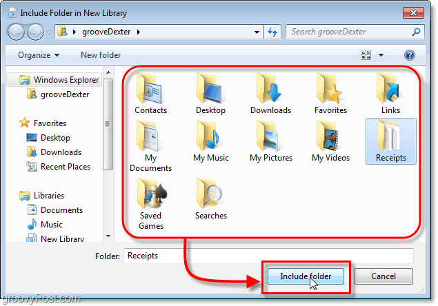 vyberte složku, kterou chcete zahrnout do knihoven systému Windows 7