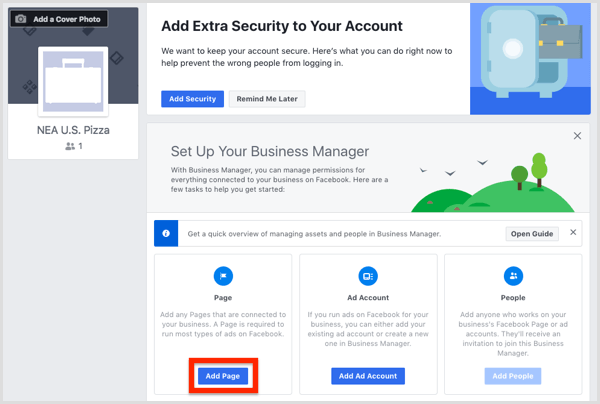 Kliknutím na Přidat stránku přidáte svou stránku na Facebooku do Business Manageru.