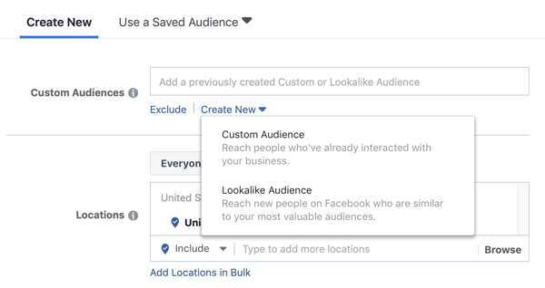 Možnosti použití vlastního publika nebo podobného publika pro reklamní kampaň na Facebooku.