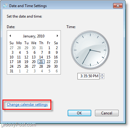 Snímek obrazovky systému Windows 7 - změna nastavení kalendáře