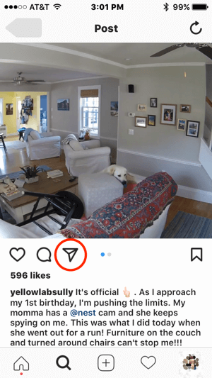 Pokud by Nest chtěla kontaktovat tohoto uživatele Instagramu ohledně povolení používat jeho obsah, mohla zahájit komunikaci klepnutím na ikonu přímé zprávy.