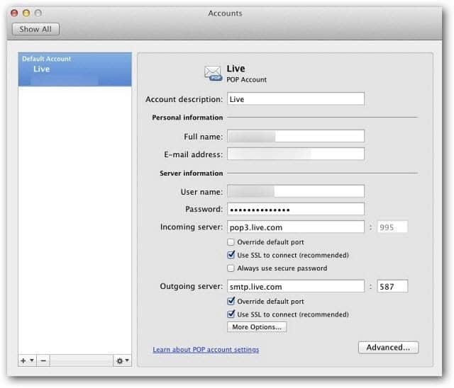 Microsoft Outlook Mac 2011: Nastavení služby Windows Live Mail pomocí protokolu POP3