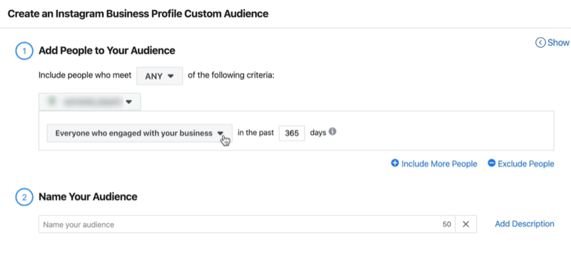 snímek obrazovky okna Vlastní publikum pro vytvoření obchodního profilu Instagramu s výchozím nastavením každého, kdo se zapojil do vaší firmy za posledních 365 dní