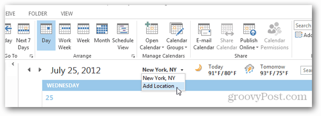 Prohlídka počasí v kalendáři aplikace Outlook 2013 - Klikněte na Přidat umístění