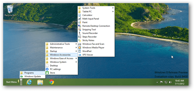 Panel nástrojů nabídky Windows 8 na hlavním panelu