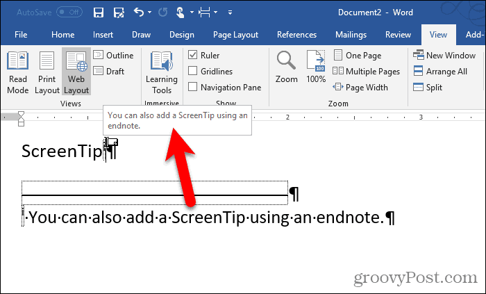 ScreenTip v poznámce v aplikaci Word