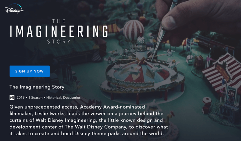 Webová stránka Disney + pro The Imagineering Story