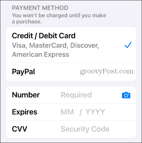 přidat způsob platby Apple účet