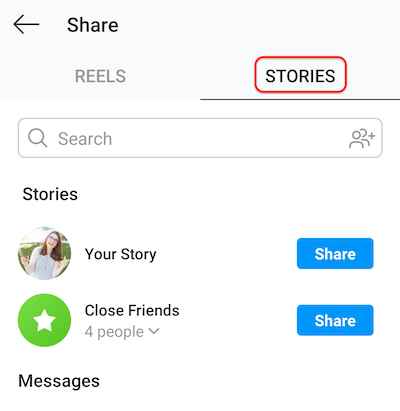 snímek obrazovky odesílání instagramu zobrazující kartu příběhů, která umožňuje sdílení kotoučů s vaším příběhem nebo blízkým seznamem přátel