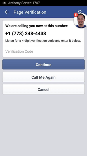 Počkejte na hovor z Facebooku a zapište si čtyřmístný ověřovací kód, který jste dostali.