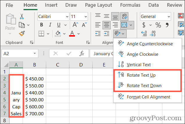 Otočit text nahoru nebo dolů v aplikaci Excel