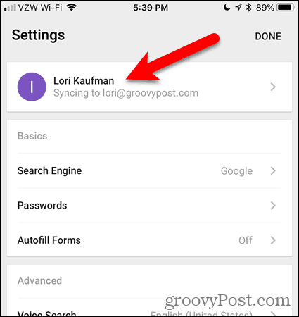 Klepněte na název účtu v prohlížeči Chrome pro iOS