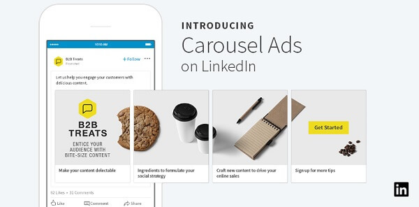 LinkedIn spustil nové karuselní reklamy na sponzorovaný obsah, které mohou zahrnovat až 10 přizpůsobených karet, které lze přejet.