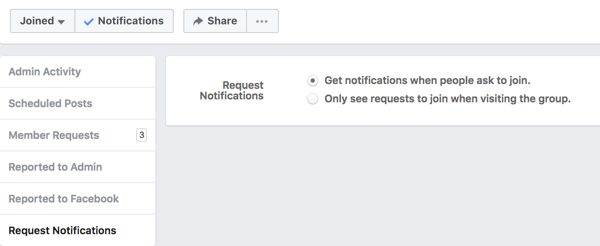 Zapněte oznámení od lidí, kteří žádají o připojení k vaší skupině na Facebooku.
