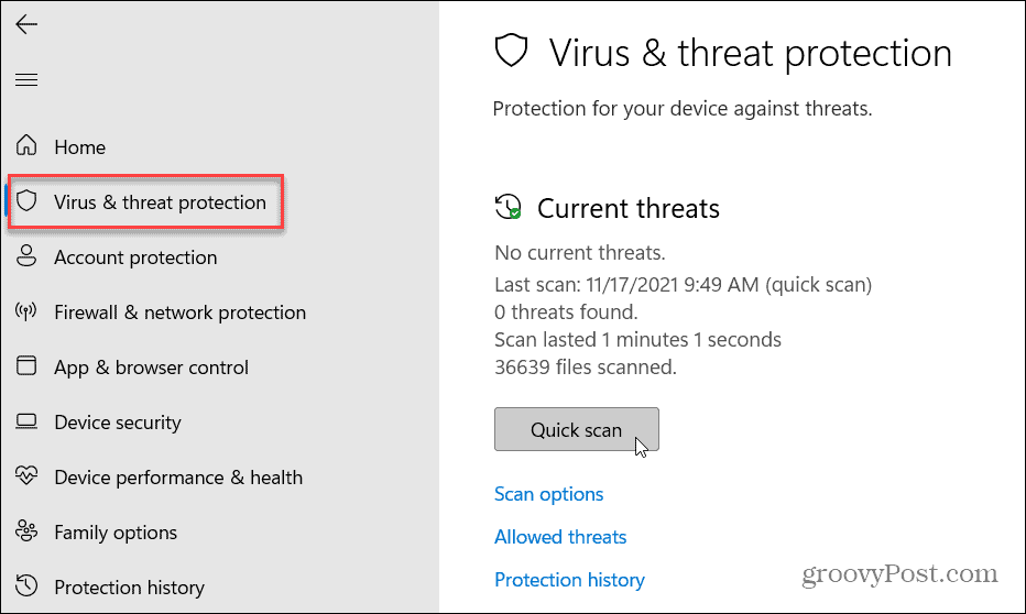Ochrana před viry a hrozbami Windows 11