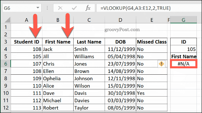 Další příklad chyby NA s VLOOKUP v Excelu, protože rozsah dat není správně tříděn