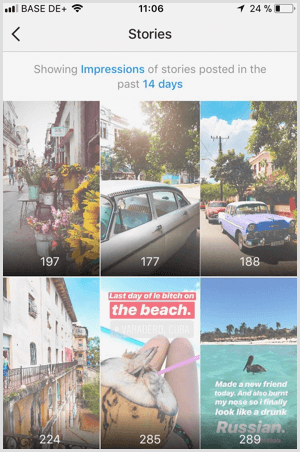 Zobrazte data Instagram Stories Impressions v Instagram Analytics.
