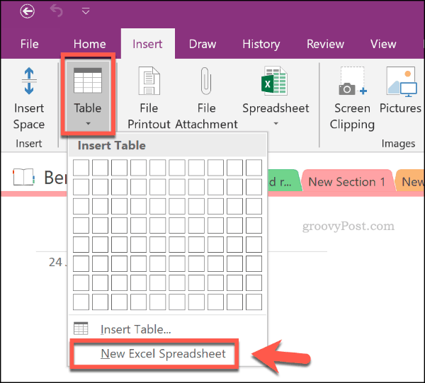 Vložte novou tabulku Excel do OneNote