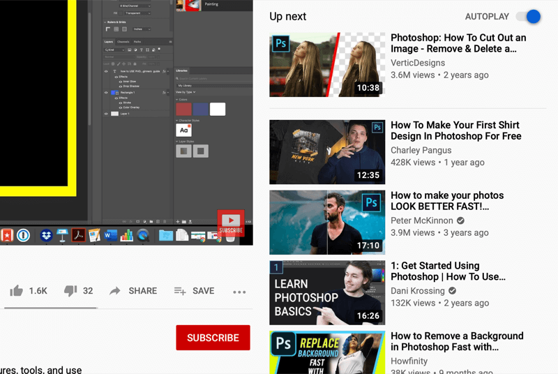 obrazovka sledování videa na YouTube s automatickým přehráváním videí na pravé straně obrazovky, doporučená službou YouTube na základě sledovaného obsahu
