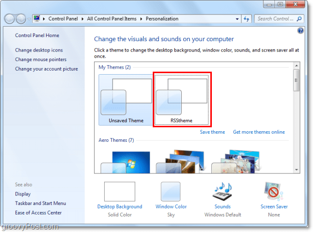 vyberte své nové téma RSS v systému Windows 7
