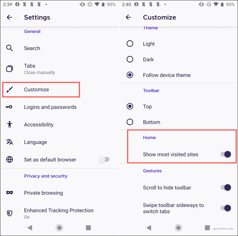 Firefox Přizpůsobte si domov v systému Android