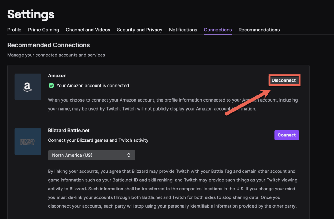 Připojte svůj účet Amazon Prime k Twitchi na kartě Připojení v nastavení Twitch