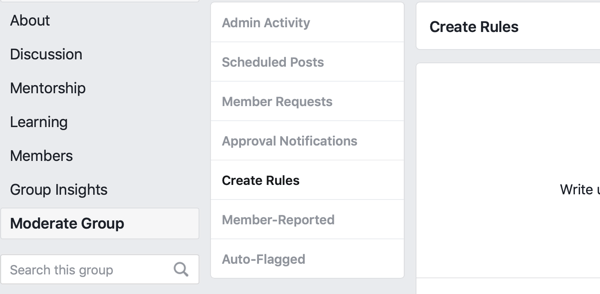 Jak zlepšit komunitu skupiny na Facebooku, možnost nabídky na Facebooku vytvořit pravidla pro moderování vaší skupiny