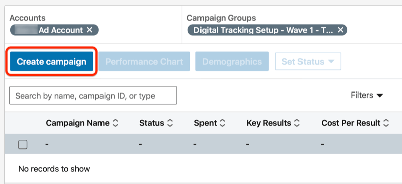 linkedin vytvoří tlačítko kampaně ve skupině kampaní