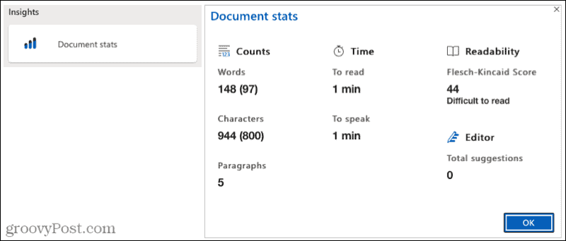Statistiky dokumentů Microsoft Editoru