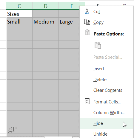 Skrýt zástupce sloupců v aplikaci Excel ve Windows