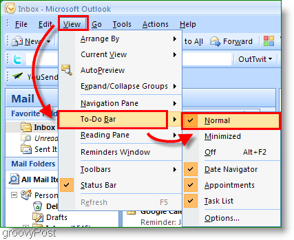 Panel úkolů aplikace Outlook 2007 - přizpůsobení zobrazení na normální
