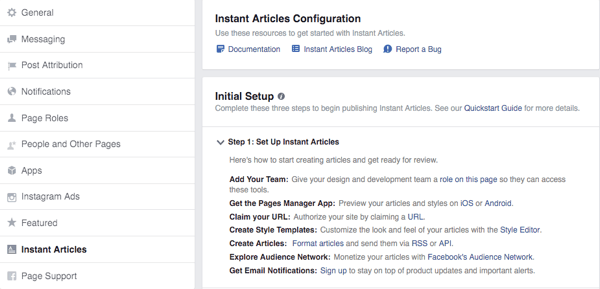 obrazovka konfigurace okamžitých článků na facebooku