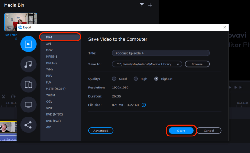 exportujte video soubor v Movavi Video Editor Plus