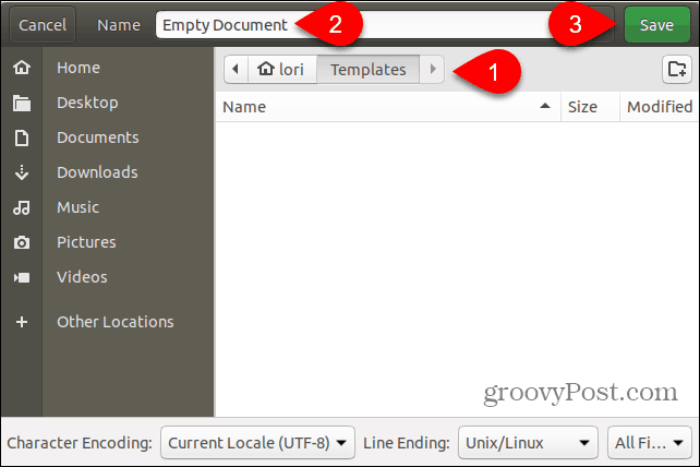 Uložte soubor šablony Prázdný dokument do složky Šablony v Ubuntu