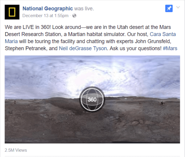 Facebook tento týden spustil video Live 360 ​​se zprávou National Geographic od zařízení Mars Desert Research Station v Utahu.