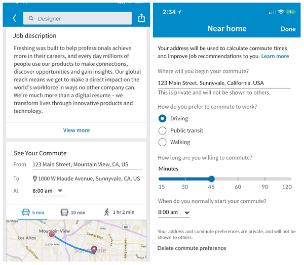 Členové LinkedIn nyní mohou zobrazit odhadované doby dojíždění v typický pracovní den od aktuálního umístění jejich zařízení po úlohy zveřejněné na LinkedIn.