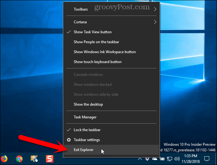 V kontextové nabídce hlavního panelu v systému Windows 10 vyberte Ukončit průzkumník