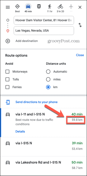 google maps vzdálenosti v km