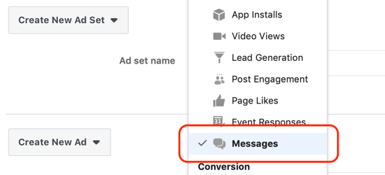 Jak získat potenciální zákazníky pomocí reklam Facebook Messenger, zpráv nastavených jako cíl na úrovni sady reklam