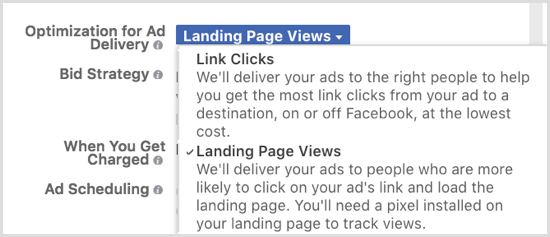 Optimalizujte zobrazování reklam na Facebooku pro zobrazení vstupní stránky.