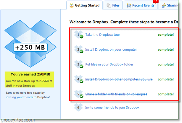 Snímek Dropbox - 250 MB prostoru rychle odměněno
