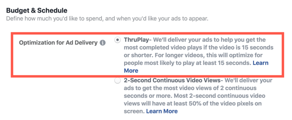 Optimalizace Facebook ThruPlay pro videoreklamy, krok 2.