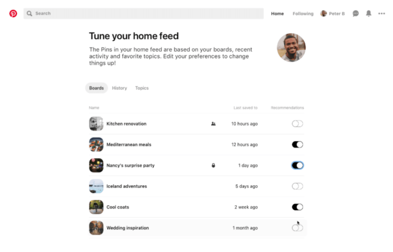Pinterest usnadňuje kontrolu doporučení, která vidíte ve svém domovském kanálu, pomocí nového tuneru domácího zdroje a ovládacích prvků na úrovni Pin.