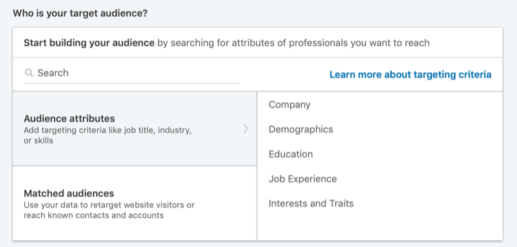 Sekce Kdo je vaším cílovým publikem ve službě LinkedIn Campaign Manager