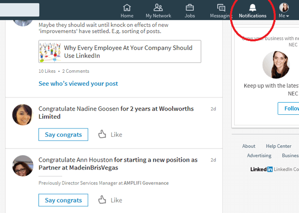 Když kliknete na ikonu Oznámení, LinkedIn zobrazí spojení, která měla nedávno zvláštní příležitost.