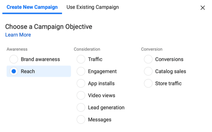 instagram vytvoří novou nabídku kampaně s cílem zásahu zvoleným v povědomí