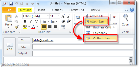 připojit k e-mailu položku aplikace Outlook