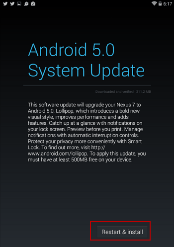 restartujte zařízení Nexus 7 a nainstalujte Android 5