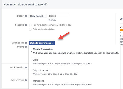 výběr optimalizace konverze reklam na Facebooku